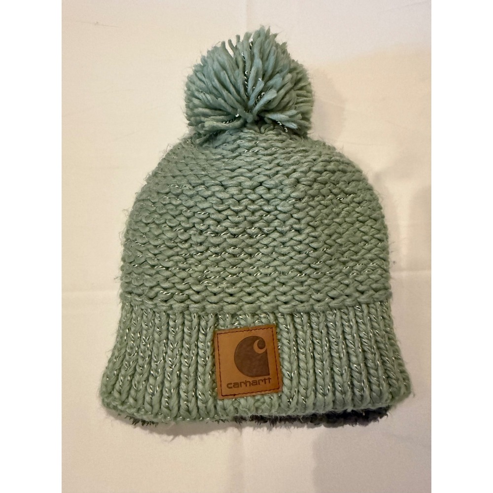 Carhartt Womens Sherpa Lined Pom Pom Beanie Sage Green Chunky Knit Hat One Size